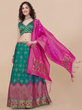Rich teal brocade lehenga choli set with elegant jacquard pattern