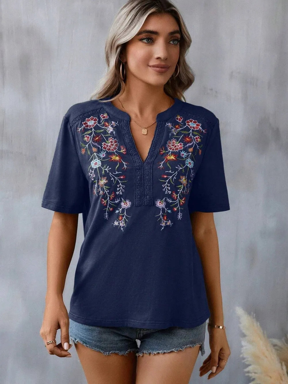 Boho Floral Embroidered Notched V-Neck Lace Trim Top