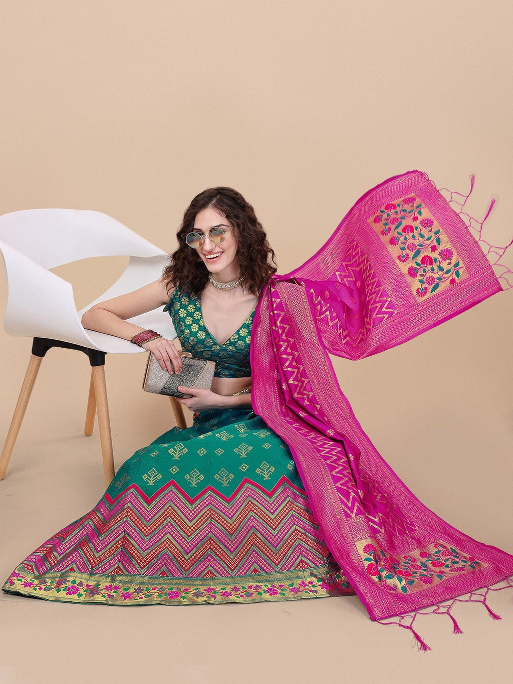 Teal Brocade Jacquard Lehenga Choli Set with Dupatta