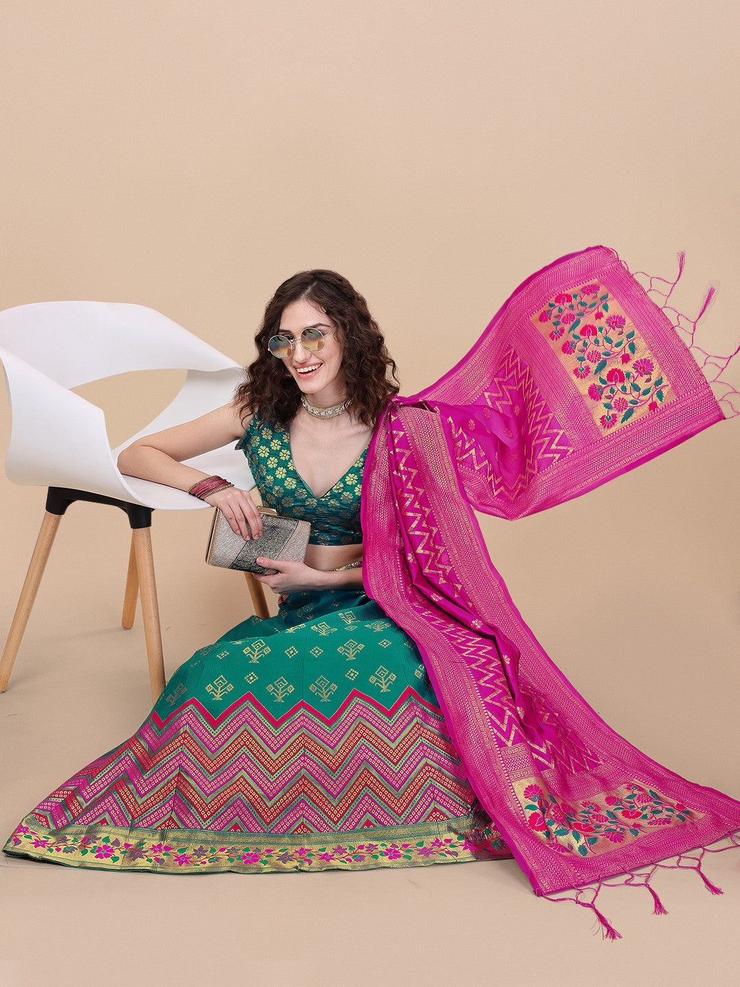 Teal Brocade Jacquard Lehenga Choli Set with Dupatta
