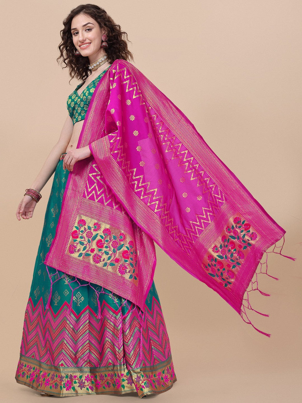 Teal Brocade Jacquard Lehenga Choli Set with Dupatta