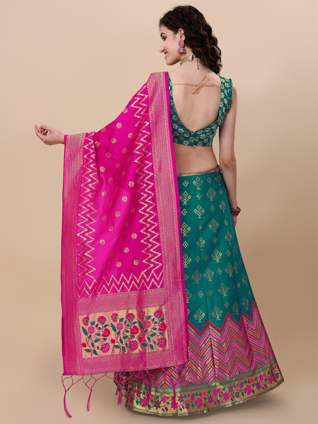 Teal Brocade Jacquard Lehenga Choli Set with Dupatta