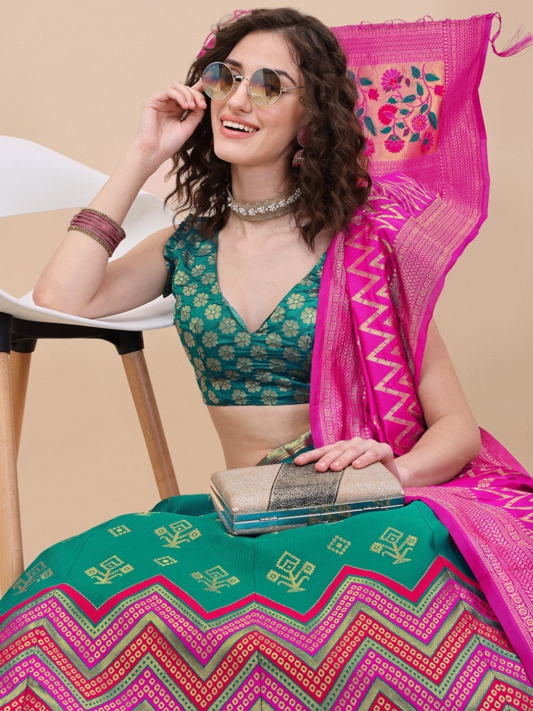 Teal Brocade Jacquard Lehenga Choli Set with Dupatta