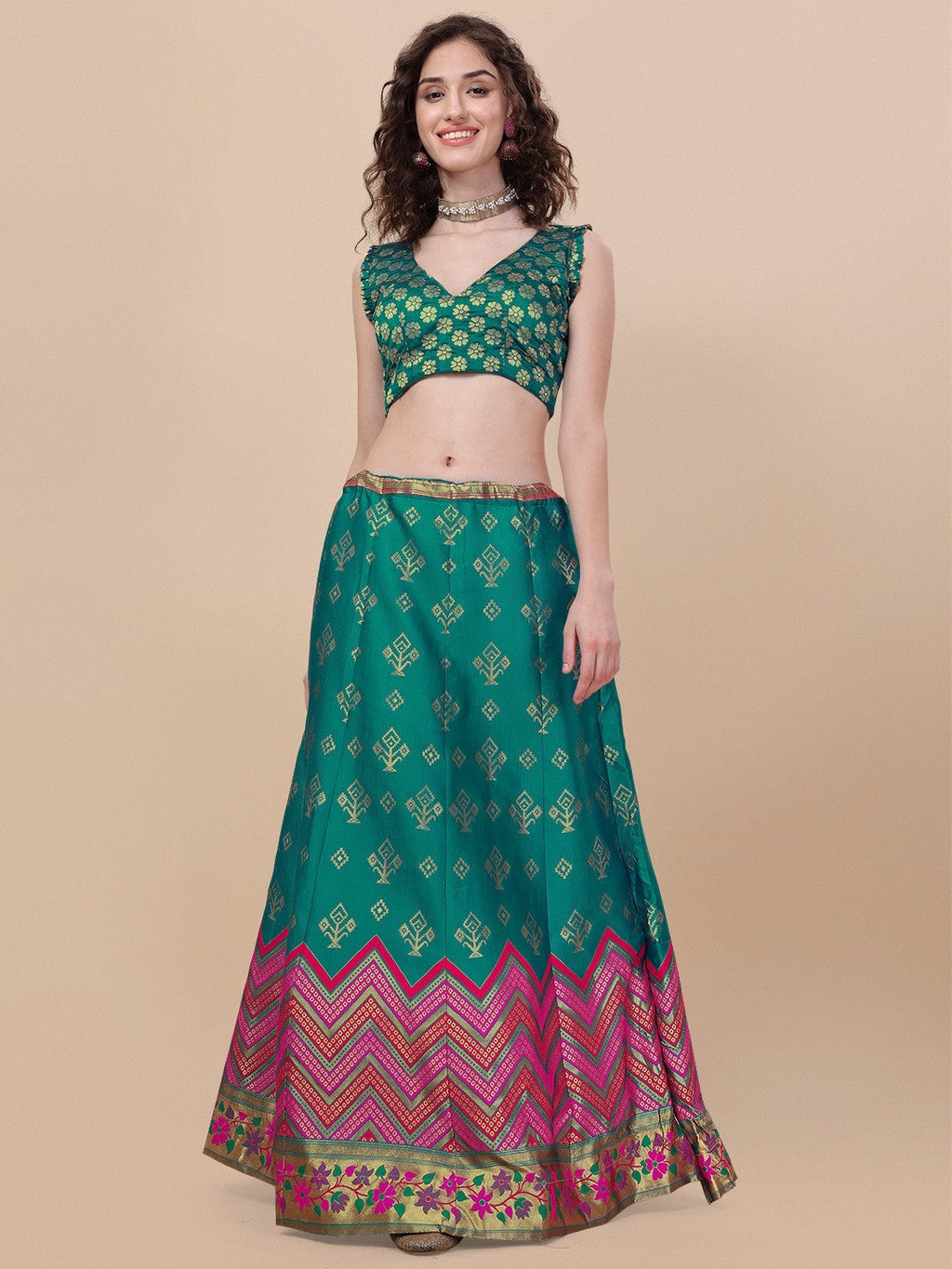 Teal Brocade Jacquard Lehenga Choli Set with Dupatta