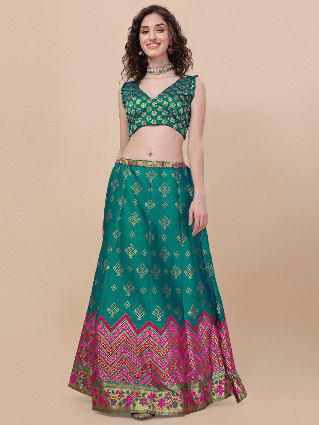 Teal Brocade Jacquard Lehenga Choli Set with Dupatta