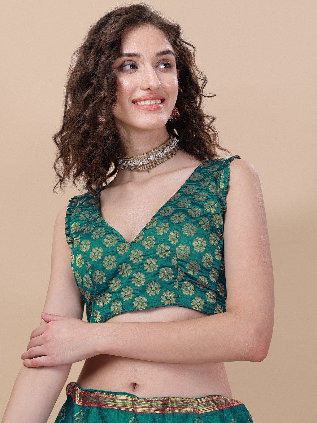 Teal Brocade Jacquard Lehenga Choli Set with Dupatta