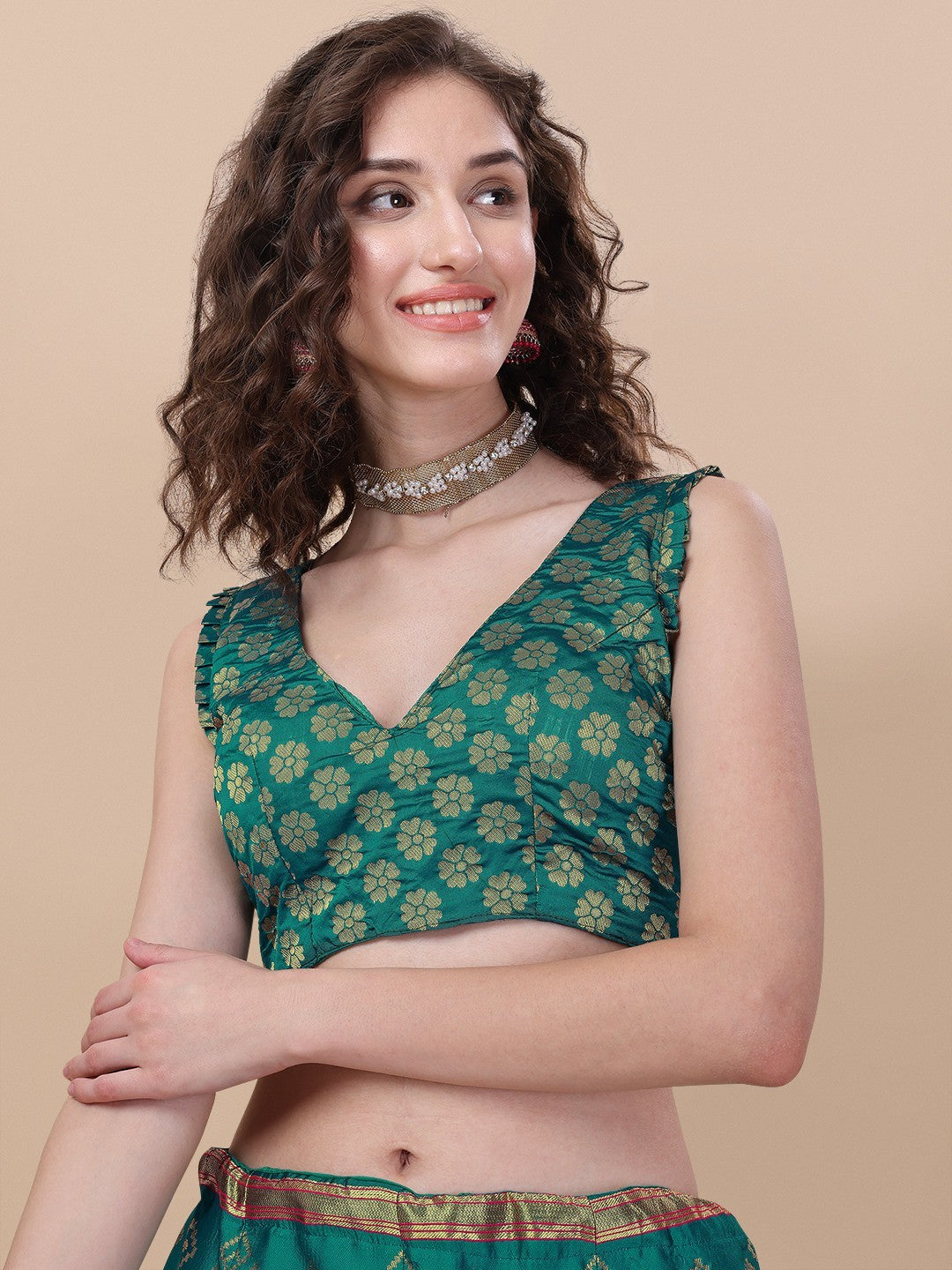 Teal Brocade Jacquard Lehenga Choli Set with Dupatta