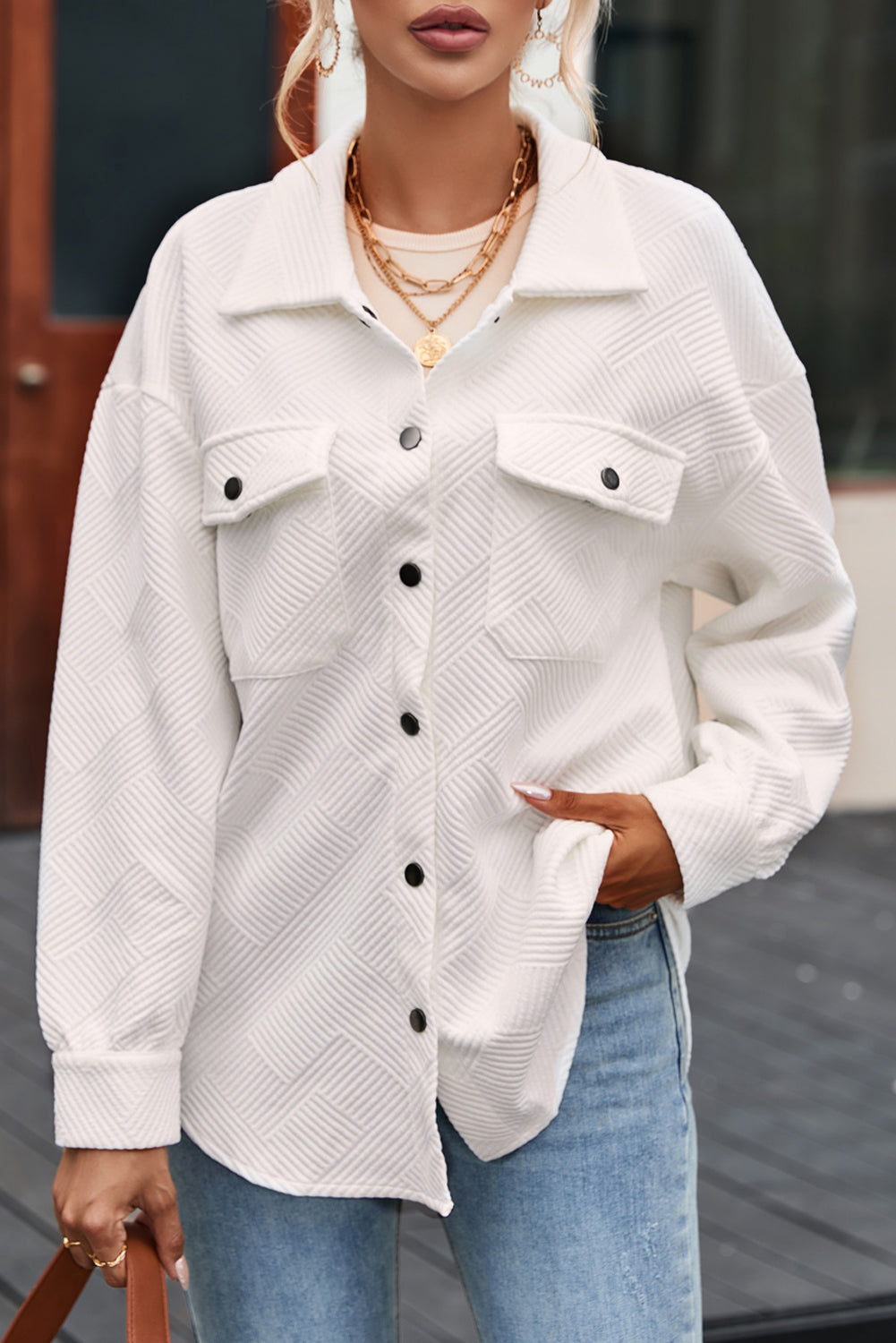 White Textured Flap Pocket Buttoned Shacket Jacket - Image 5