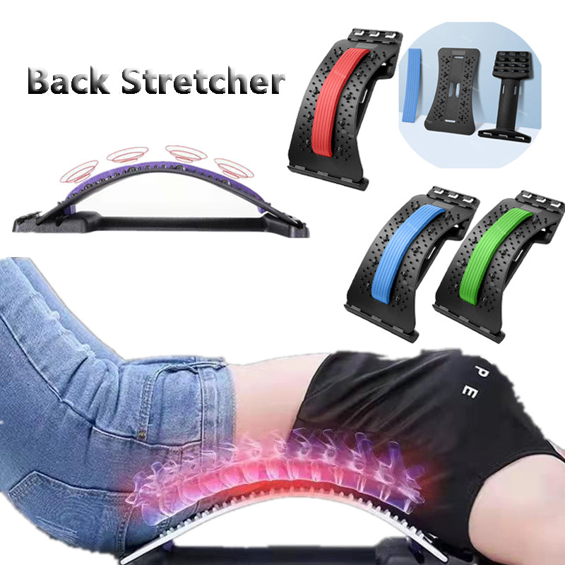 Adjustable minimalist lumbar back stretcher with magnetic therapy points for spine pain relief.