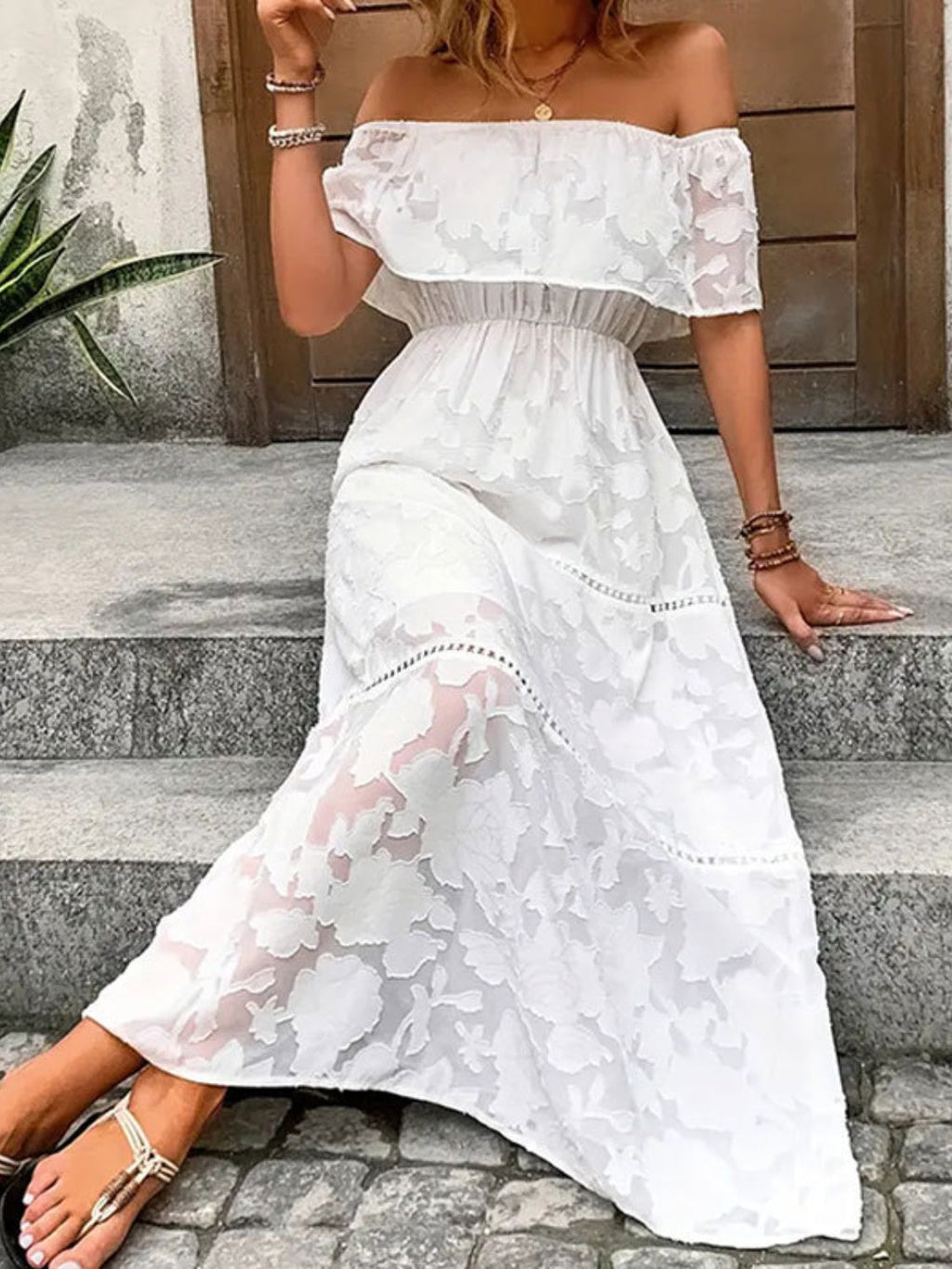 White Floral Off-Shoulder Maxi Dress Bohemian Resort Summer Gown