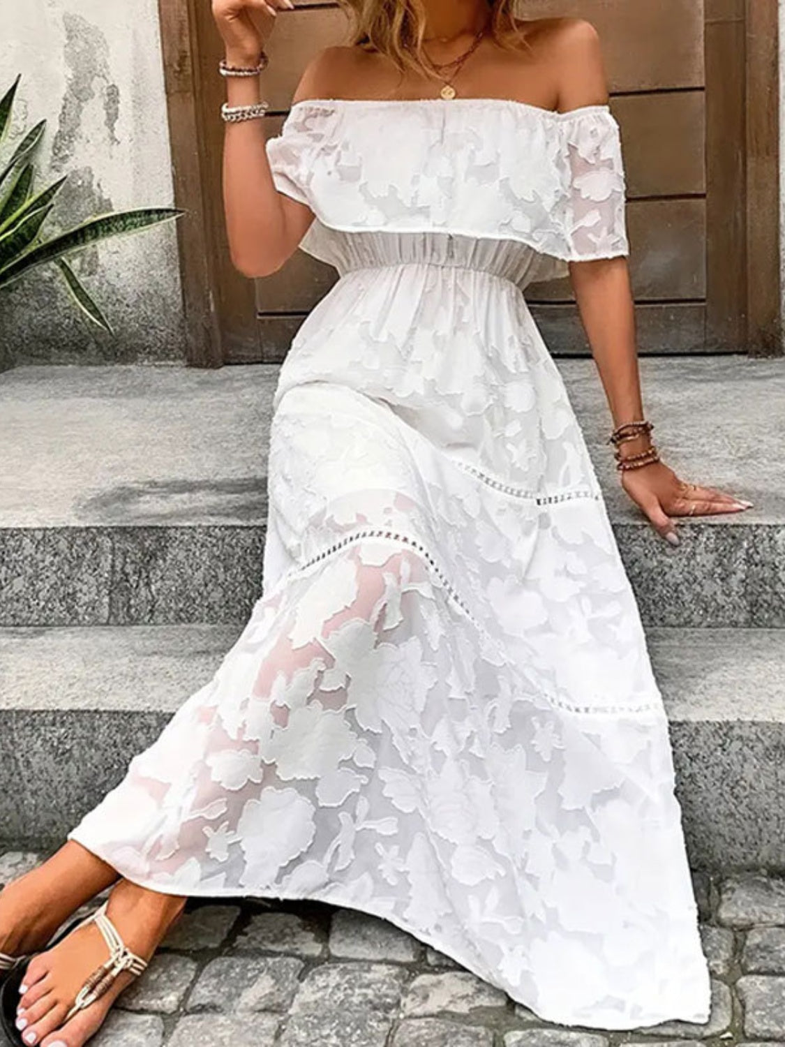 White Floral Off-Shoulder Maxi Dress Bohemian Resort Summer Gown