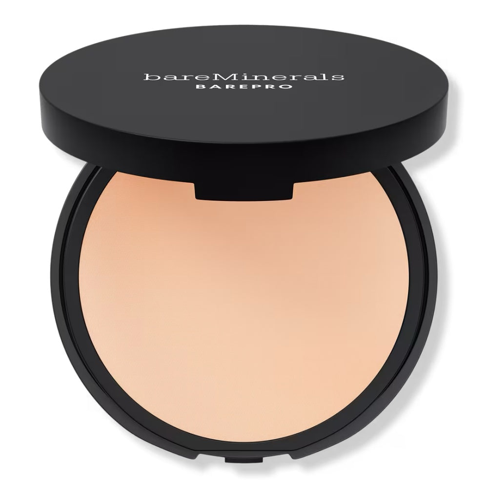 A close-up of bareMinerals BarePro 16HR Skin-Perfecting Powder Foundation in a sleek compact.