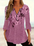 Women’s Printed Spike Button Three-Quarter Sleeve Casual Blouse