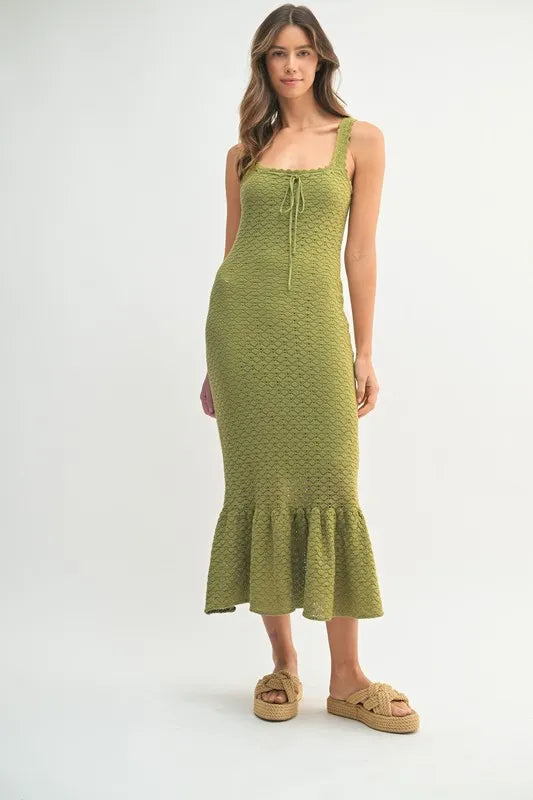 Olive Green Crochet Knit Midi Dress with Ruffled Hem