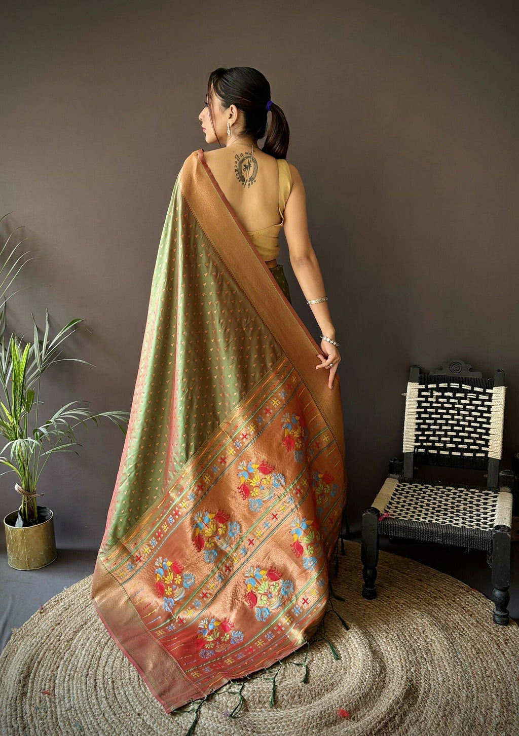 Olive Green Jacquard Butti Soft Lichi Silk Paithani Saree