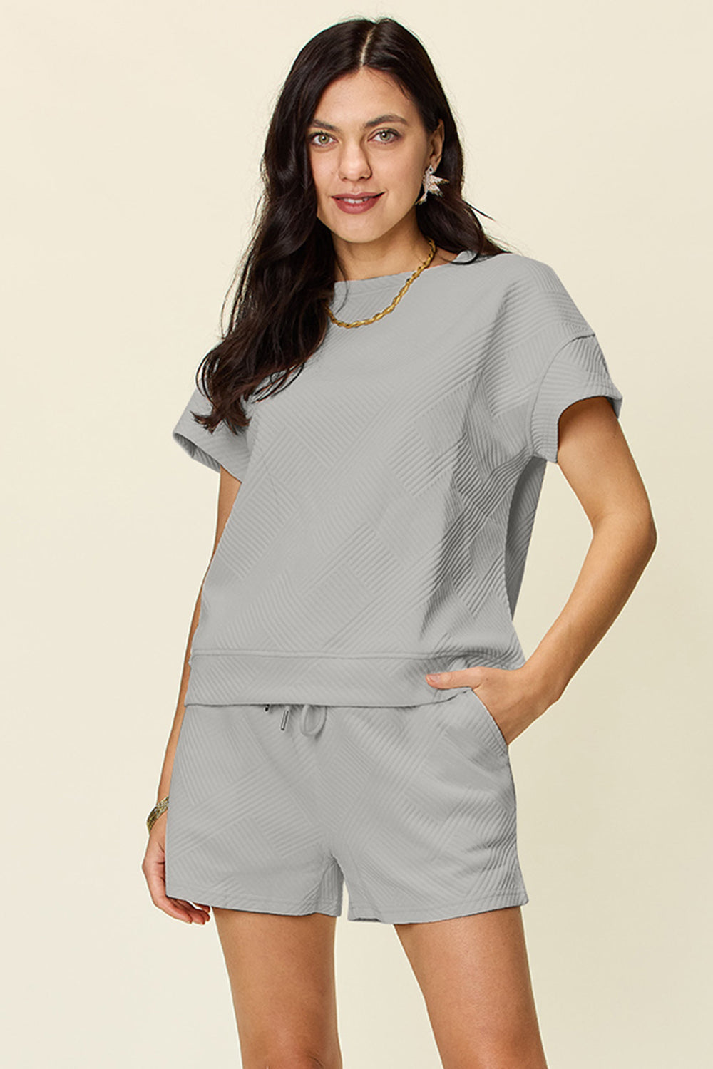 White Textured Drawstring Shorts and Relaxed Tee Lounge Set - Image 28