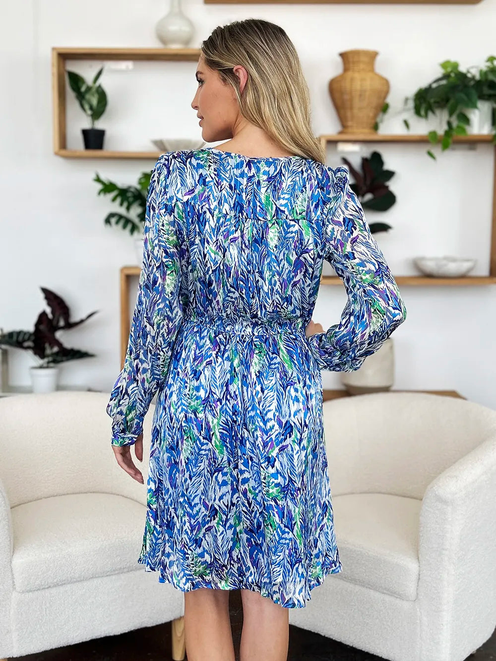 Printed Drawstring Waist Long Sleeve A-Line Dress | V-Neck