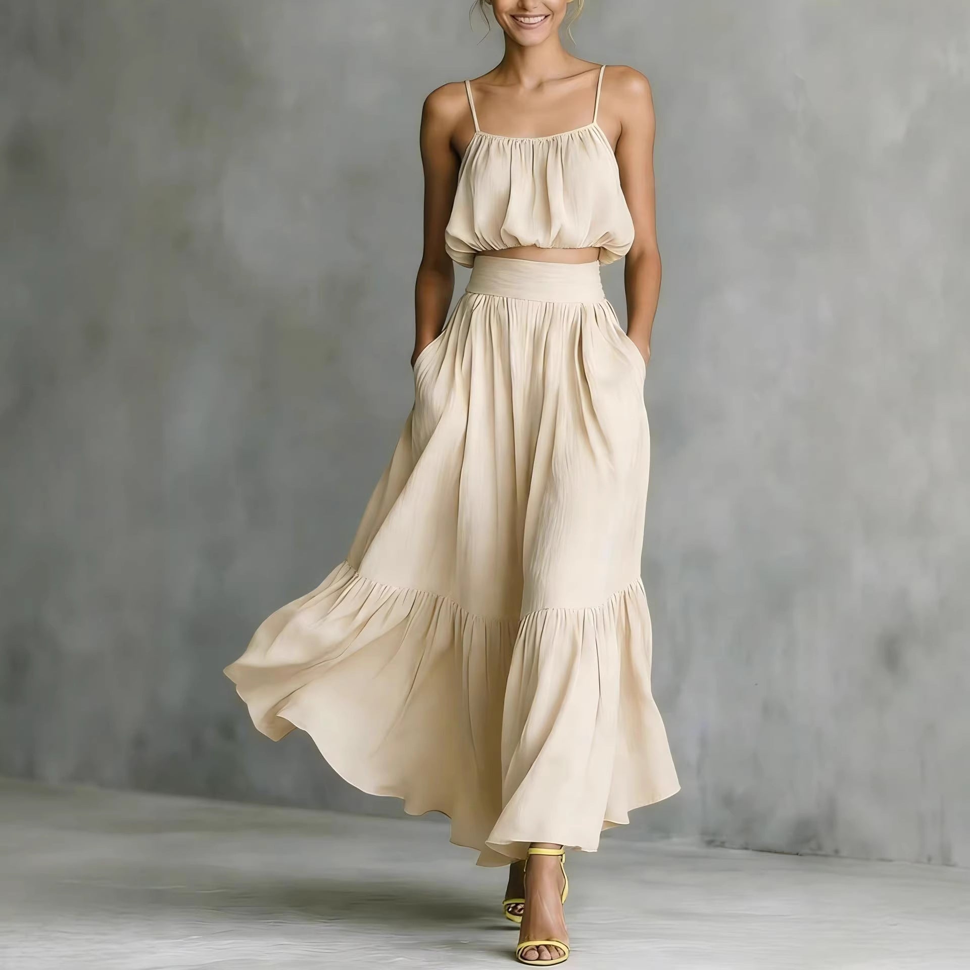 Women’s Two-Piece High-Waist Flared Skirt and Crop Top Set - Image 3
