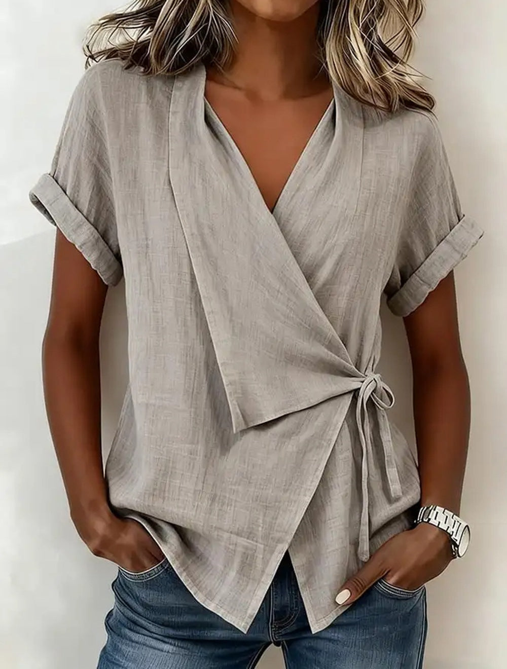 Women's Casual Lapel Collar Lace-Up Linen Blend Short-Sleeve Top - Image 7