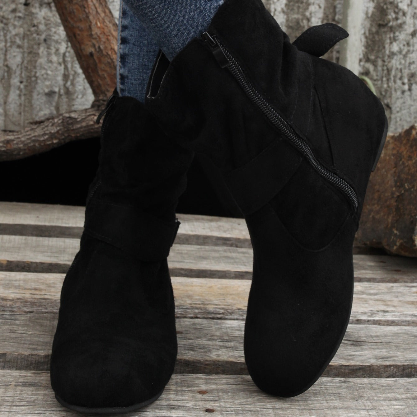 Women's Ankle Boots with Buckle Belt & Side Zip