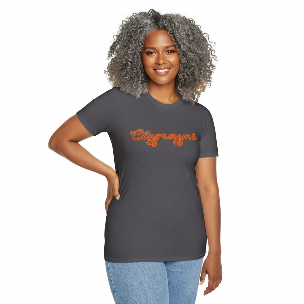 Unisex Softstyle Crewneck T-Shirt in Dark Heather Grey and Orange