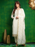 White silk-blend kurta set with intricate sequin embroidery and matching dupatta