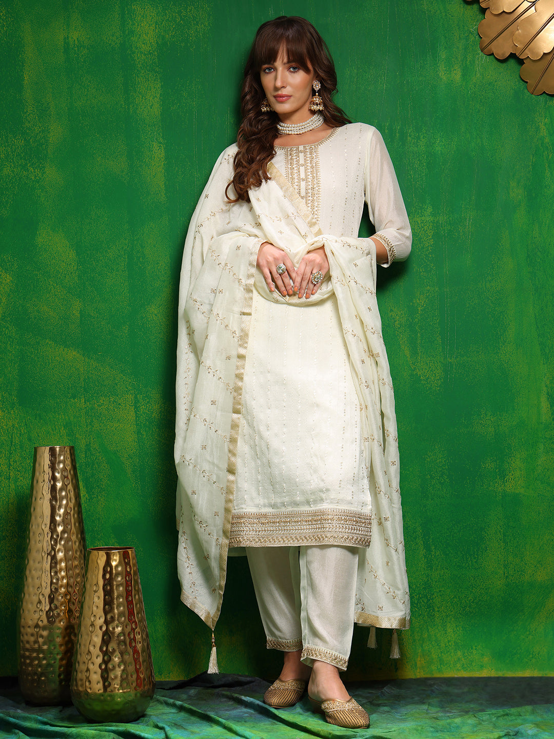 White Sequinned Embroidered Silk Blend Kurta Set