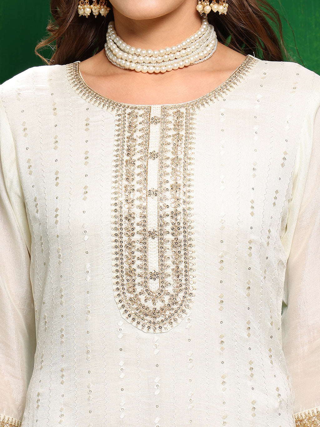 White Sequinned Embroidered Silk Blend Kurta Set