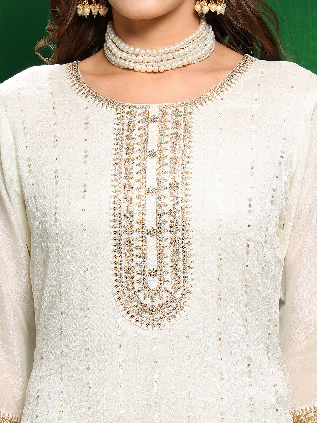 White Sequinned Embroidered Silk Blend Kurta Set