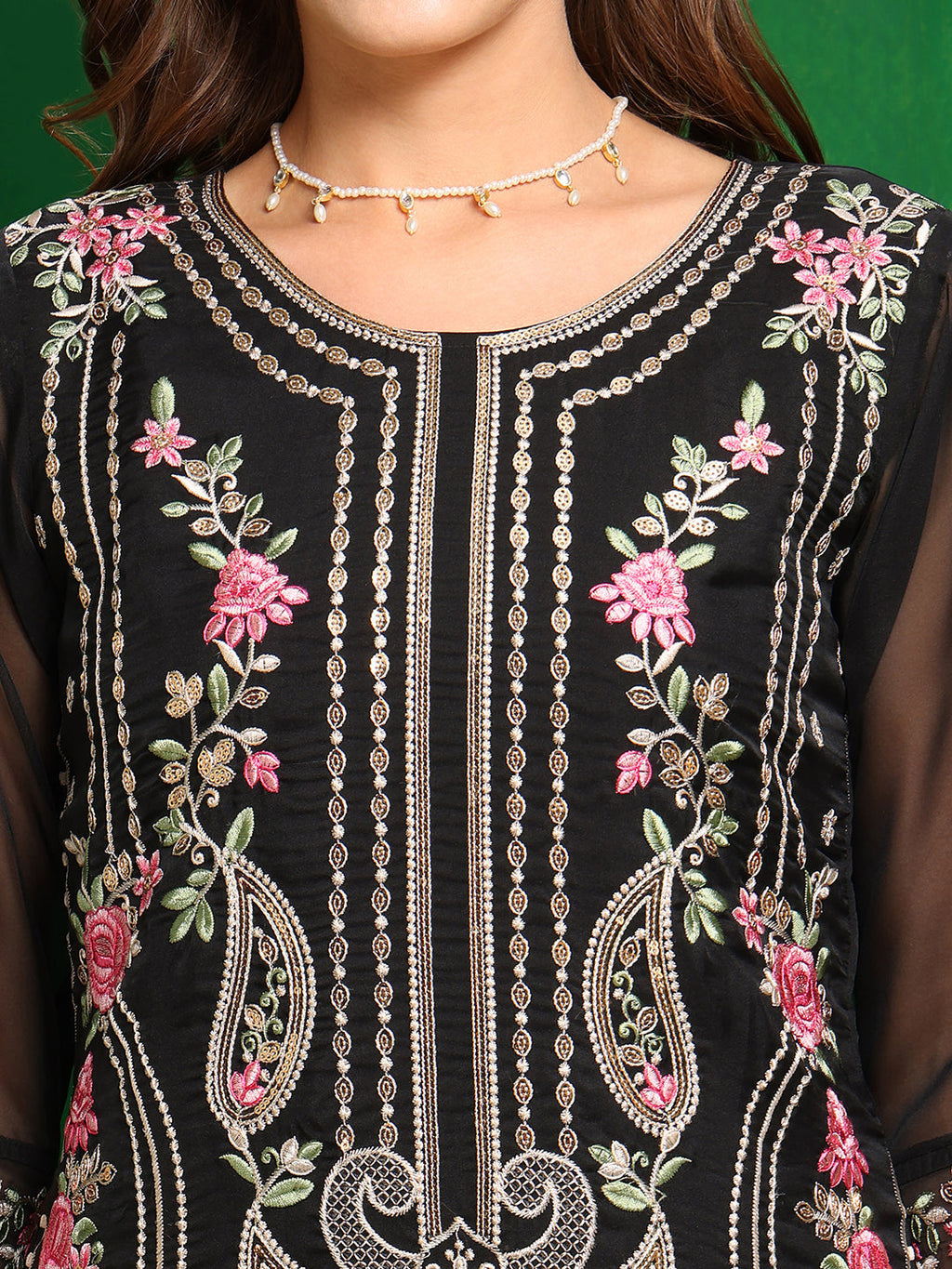 Black Pakistani Embroidered Kurta Set with Pant & Dupatta