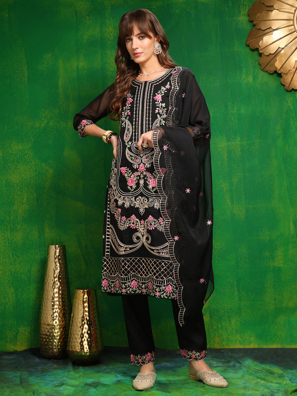 Black Pakistani Embroidered Kurta Set with Pant & Dupatta