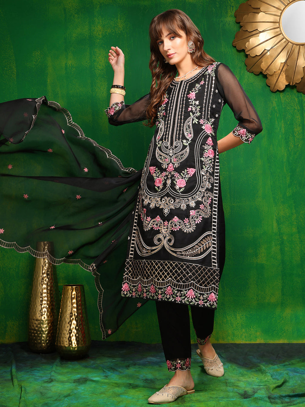Black Pakistani Embroidered Kurta Set with Pant & Dupatta