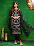 Black Pakistani style organza kurta with intricate embroidery, matching pants, and dupatta.