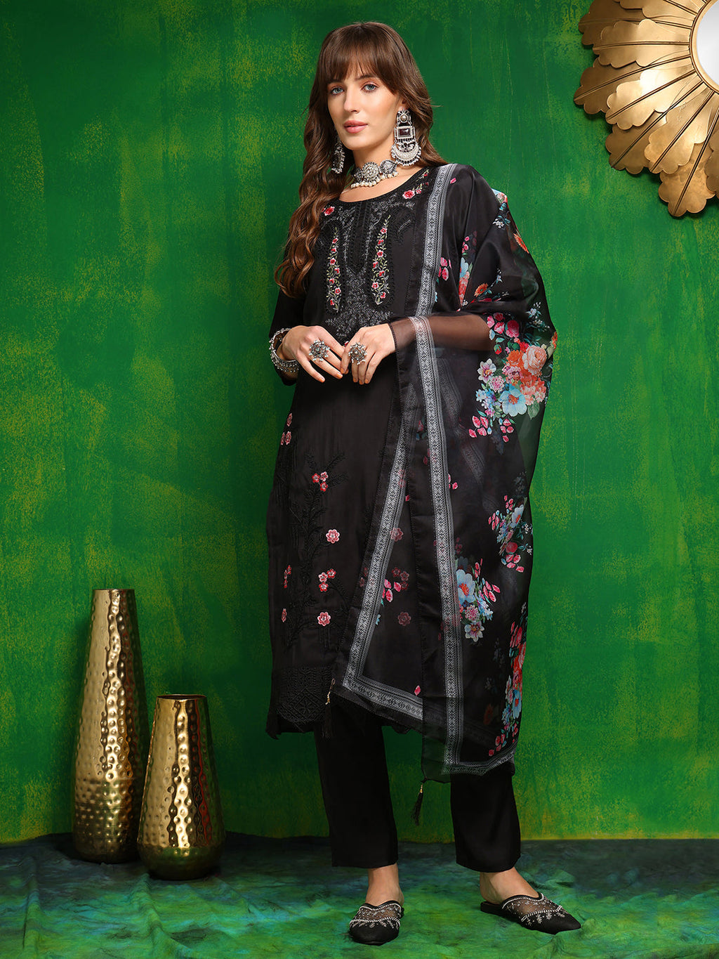 Black Pakistani-style Chanderi embroidered kurta set with matching pants and dupatta