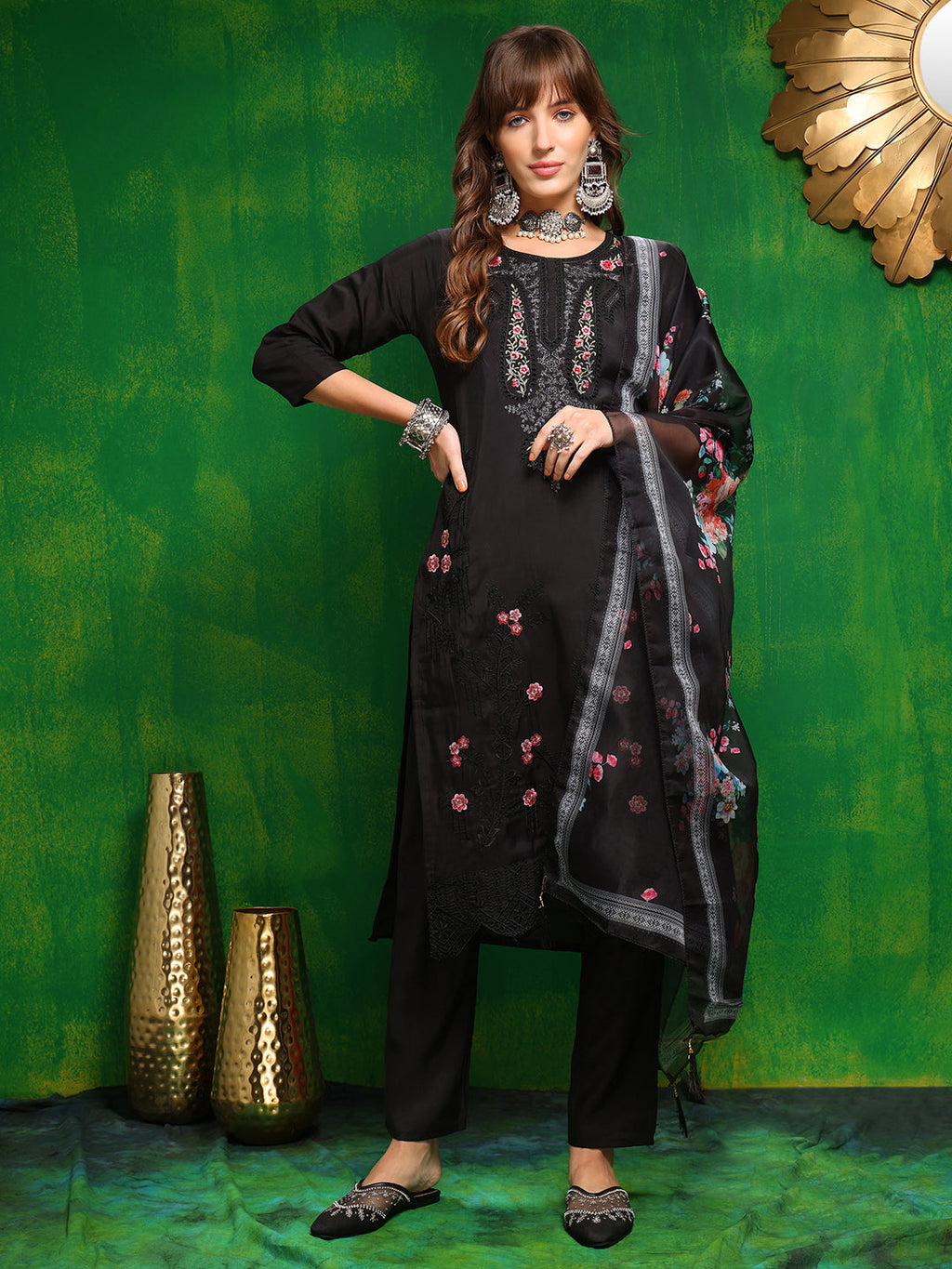 Black Pakistani Embroidered Kurta Set with Dupatta
