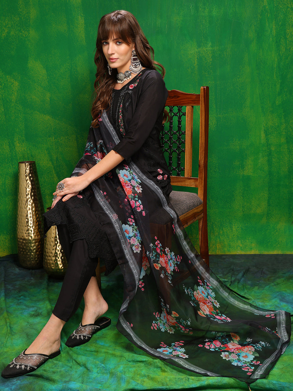 Black Pakistani Embroidered Kurta Set with Dupatta