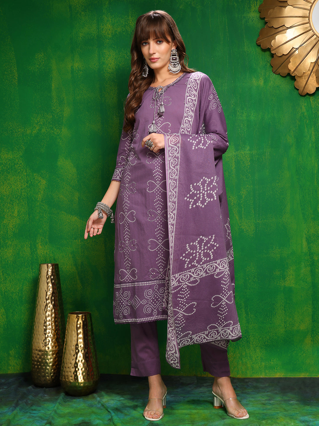 Bandhani Printed Lavender Kurta Set with Embroidery and Dupatta