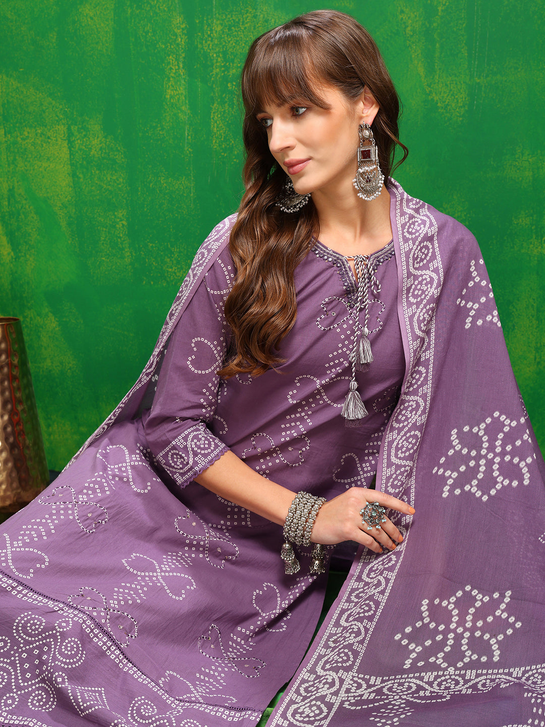 Bandhani Printed Lavender Kurta Set with Embroidery and Dupatta