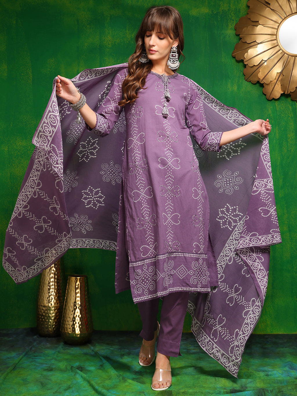 Bandhani Printed Lavender Kurta Set with Embroidery and Dupatta