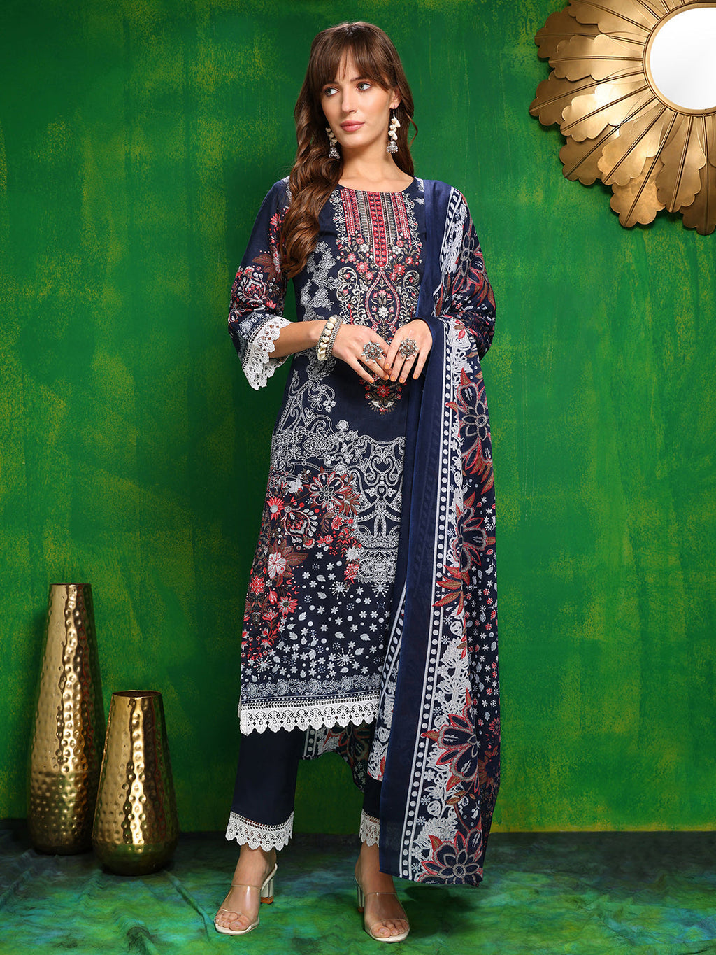 Blue Pakistani style printed kurta set with pants and matching dupatta