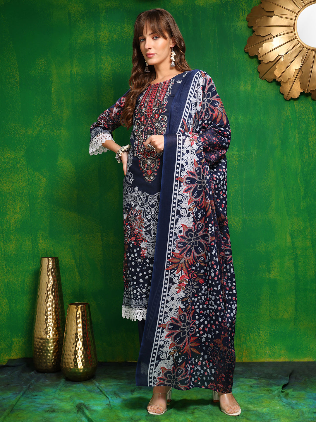 Pakistani Printed Kurta Set with Pant and Dupatta, Blue