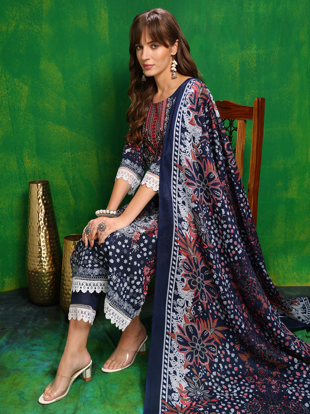 Pakistani Printed Kurta Set with Pant and Dupatta, Blue