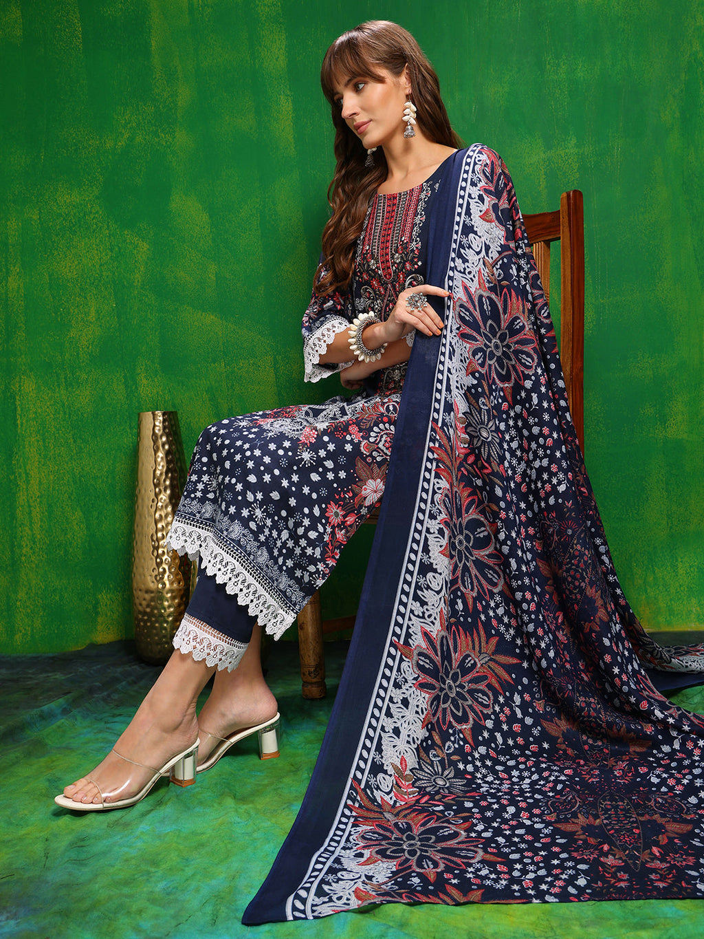 Pakistani Printed Kurta Set with Pant and Dupatta, Blue