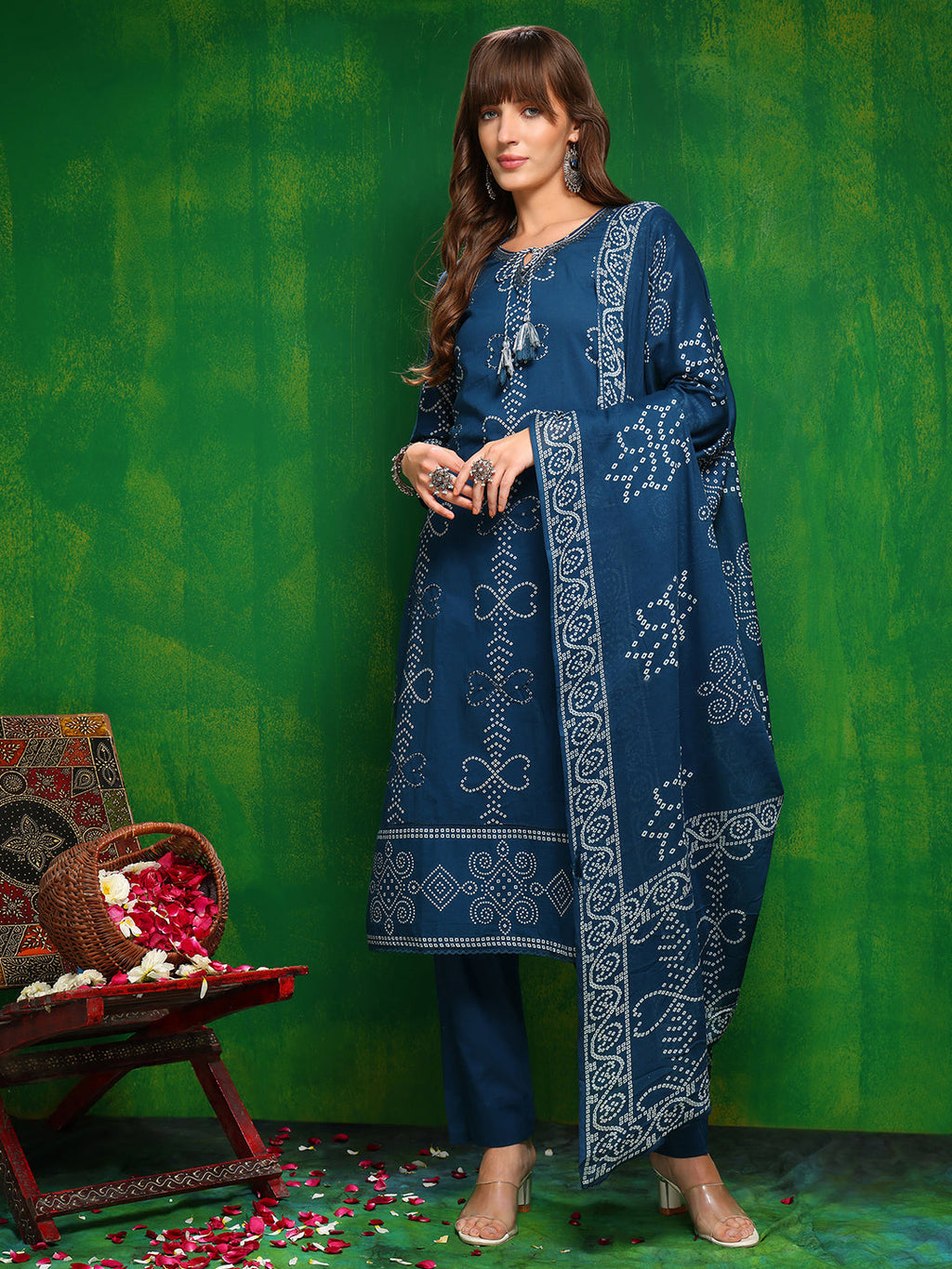 Blue Bandhani printed cotton kurta with embroidery, matching pants and dupatta