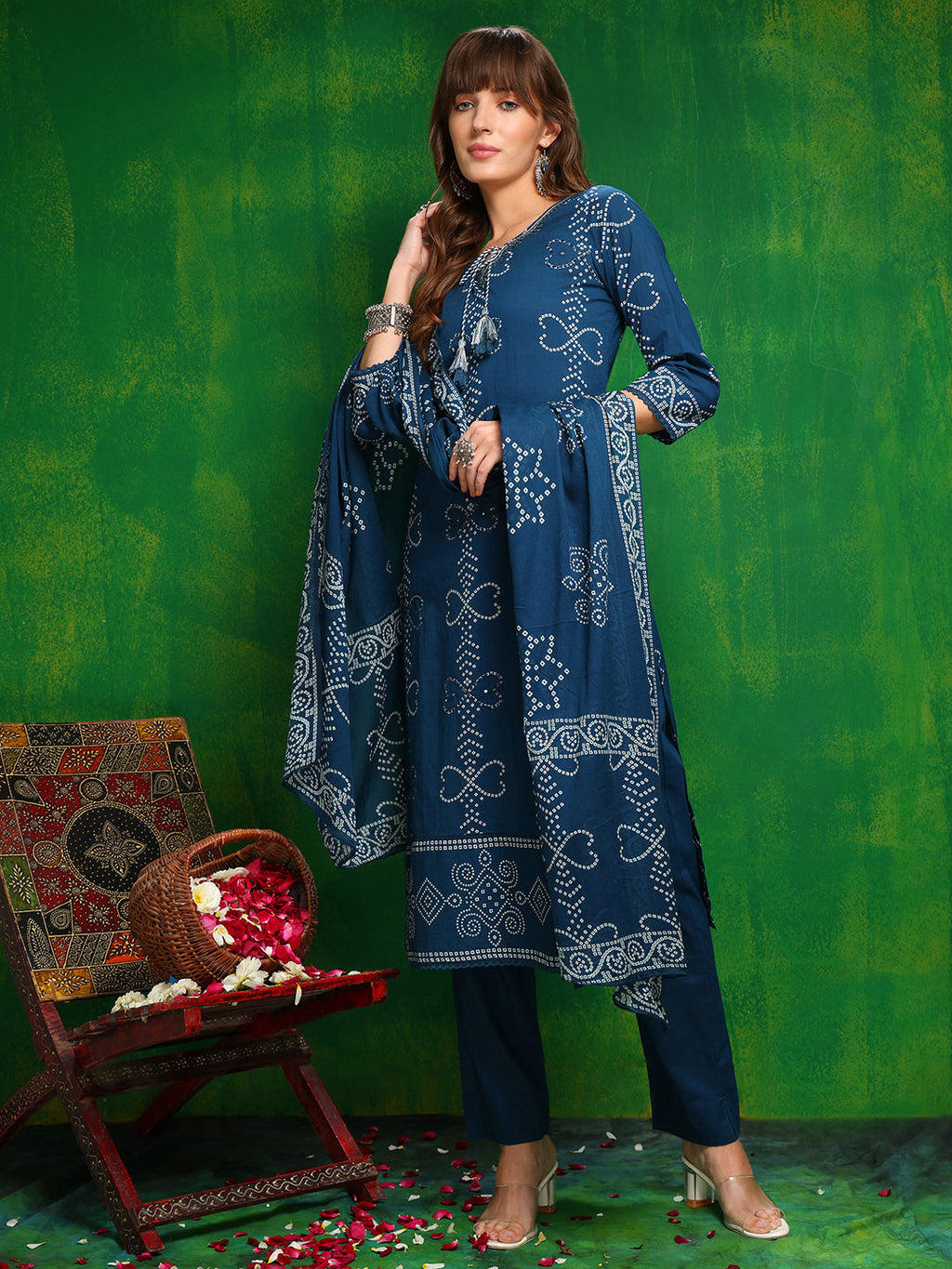 Blue Bandhani Printed Kurta Set with Embroidery and Dupatta