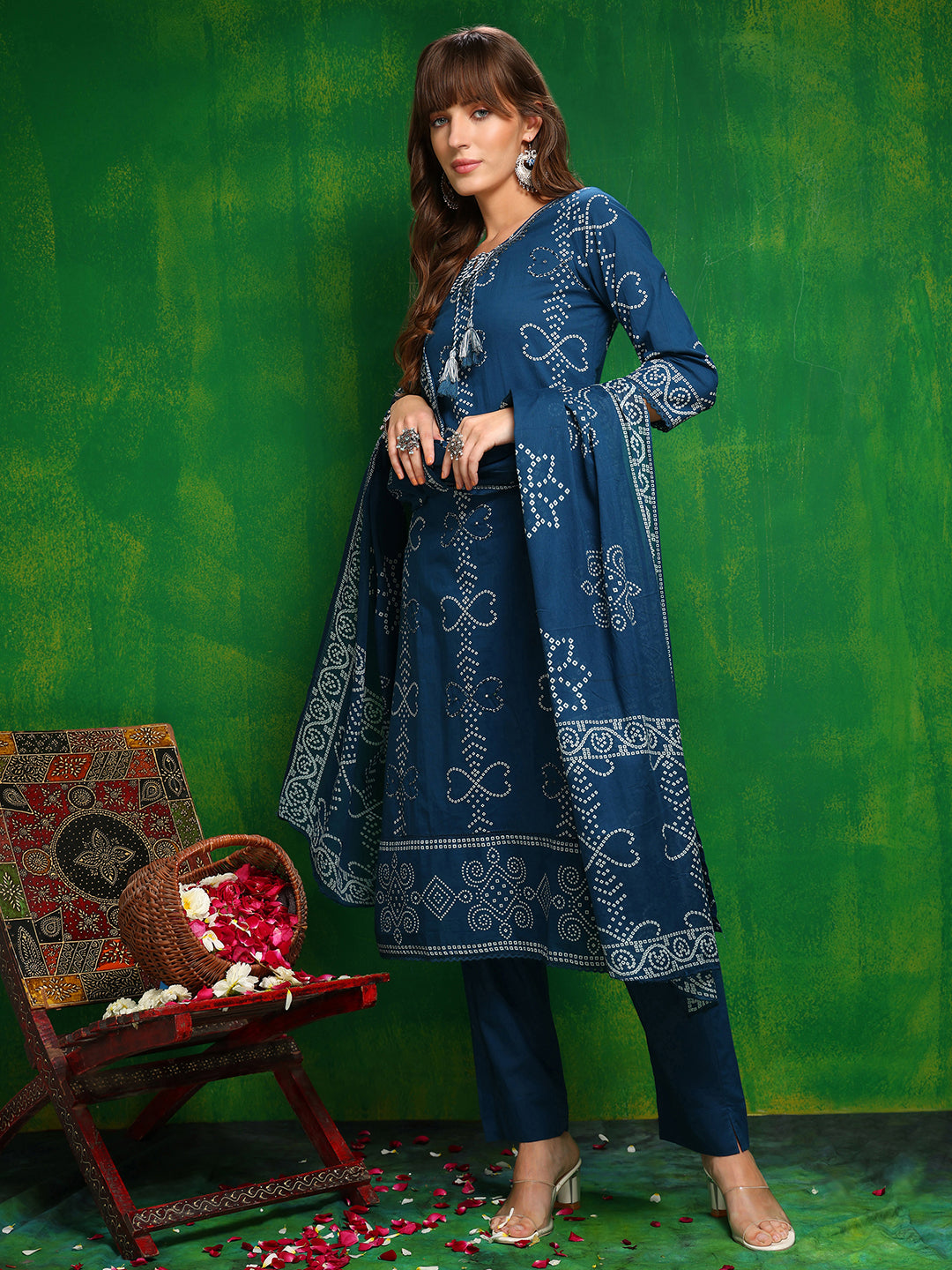 Blue Bandhani Printed Kurta Set with Embroidery and Dupatta
