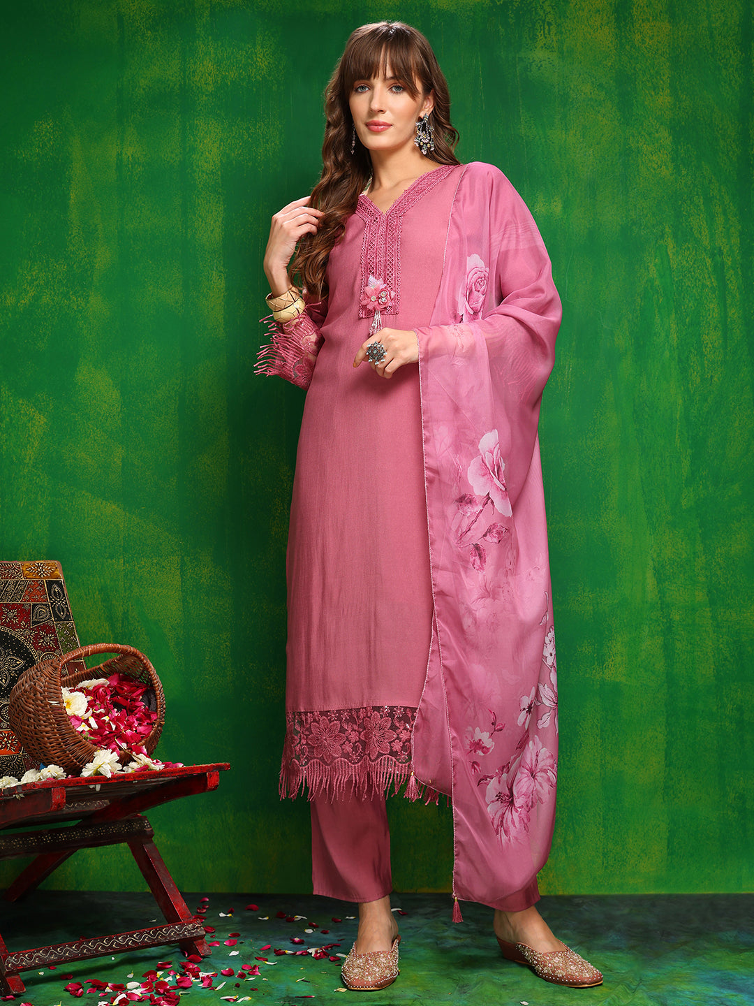 Pink Chanderi kurta set with artificial flower embellishments and lace trim
