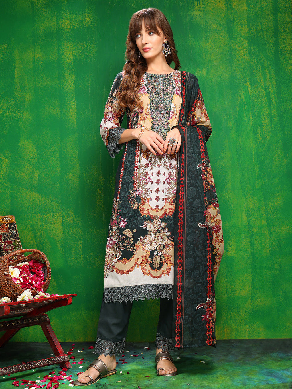 Bottle-Green Pakistani printed cambric kurta set with pant and dupatta