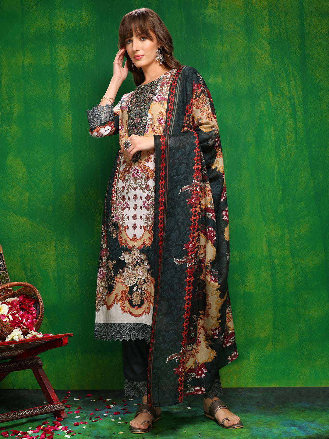 Bottle-Green Pakistani Printed Kurta Set with Pant & Dupatta