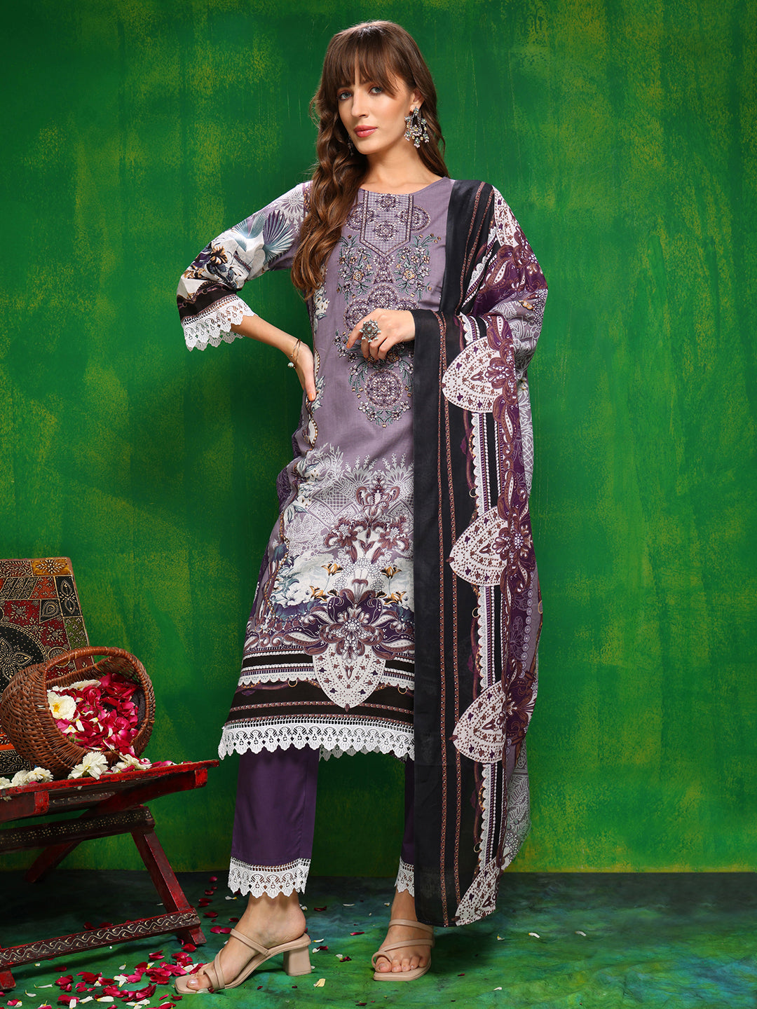 Lavender Pakistani style printed cambric kurta with pant and dupatta